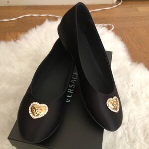 Versace Women's Black Satin Gold Medusa Heart Ballet Flats Shoes Size 38 US 8